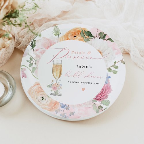 JANE Blush Floral Petals  Prosecco Bridal Shower Paper Plates