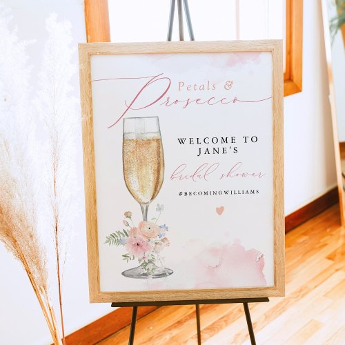JANE Blush Floral Petals  Prosecco Bridal Shower Poster