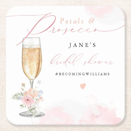 JANE Blush Floral Petals  Prosecco Bridal Shower Square Paper Coaster