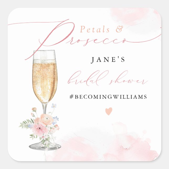 JANE Blush Floral Petals & Prosecco Bridal Shower Square Sticker (Front)