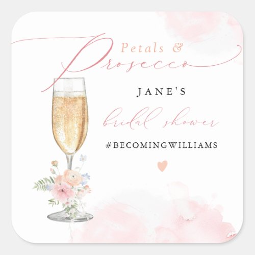 JANE Blush Foral Petals  Prosecco Bridal Shower Square Sticker