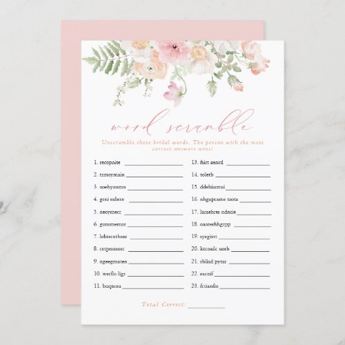 JANE Blush Pink Floral Bridal Word Scramble Game Invitation