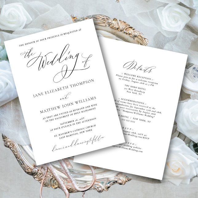 Jane Catholic Wedding Invitation with RSVP (This elegant, all-in-one- invite has a romantic elegance thanks to the flowing calligraphy script)