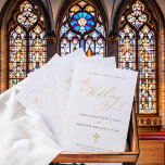 Jane Gold Full Mass Catholic Wedding Program<br><div class="desc">Wow your wedding ceremony guests with this luxurious, folded Catholic wedding program designed for a ceremony with a full mass. It features an elegant, calligraphy script font with romantic, swirling flourishes done in faux gold glitter, giving you the look of high-end, handwritten calligraphy for much less. The cover also includes...</div>