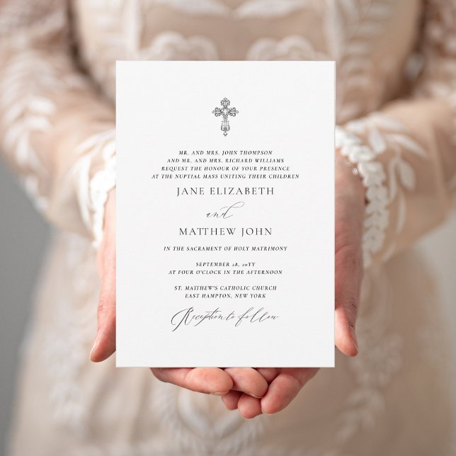 Jane Simple Catholic Wedding Invitation with RSVP (This Catholic wedding invite has a romantic elegance thanks to the vintage cross & elegant script.)
