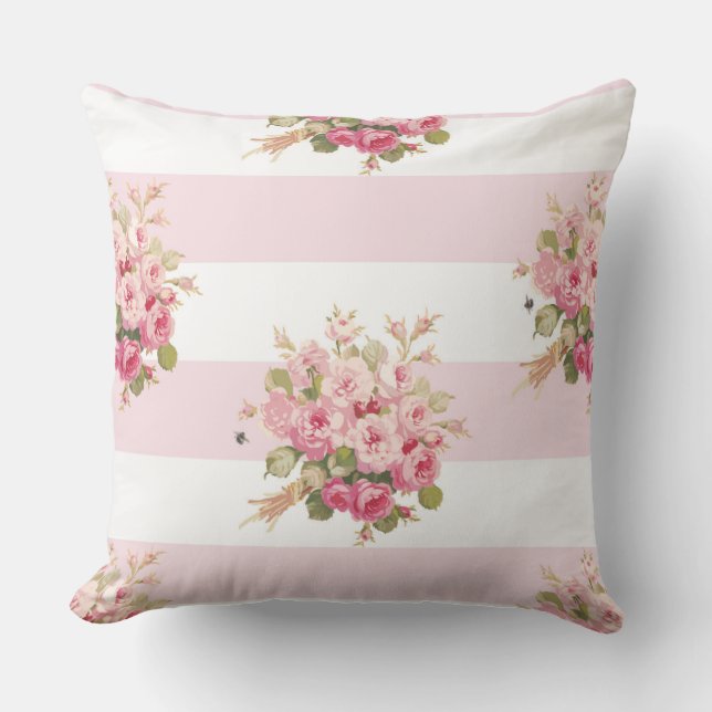 Jane's Rose Bouquet peony stripe outdoor pillow (Front)