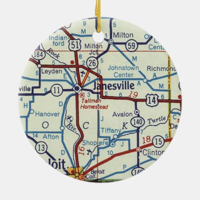 Janesville WI Vintage Map Ceramic Ornament (Back)