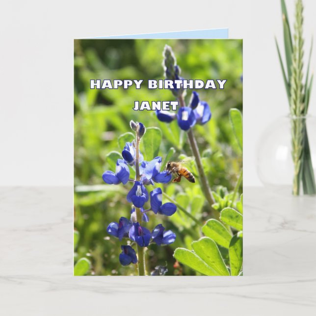 Janet Texas Bluebonnet Happy Birthday Card (Front)