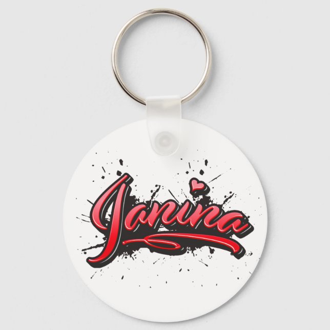 Janina red Heart Graffiti Key Keychain (Front)