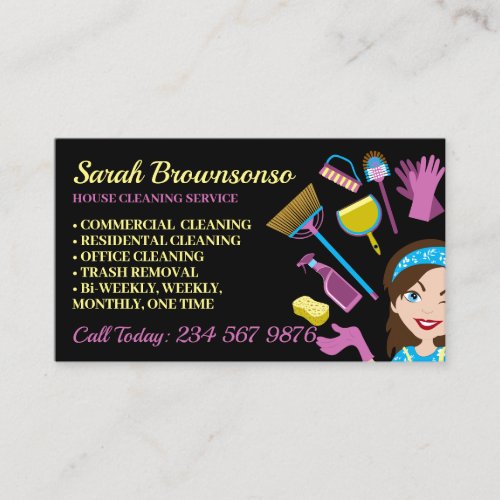 Janitorial Blue Eye Lady Cartoon House Cleaning Business Card
