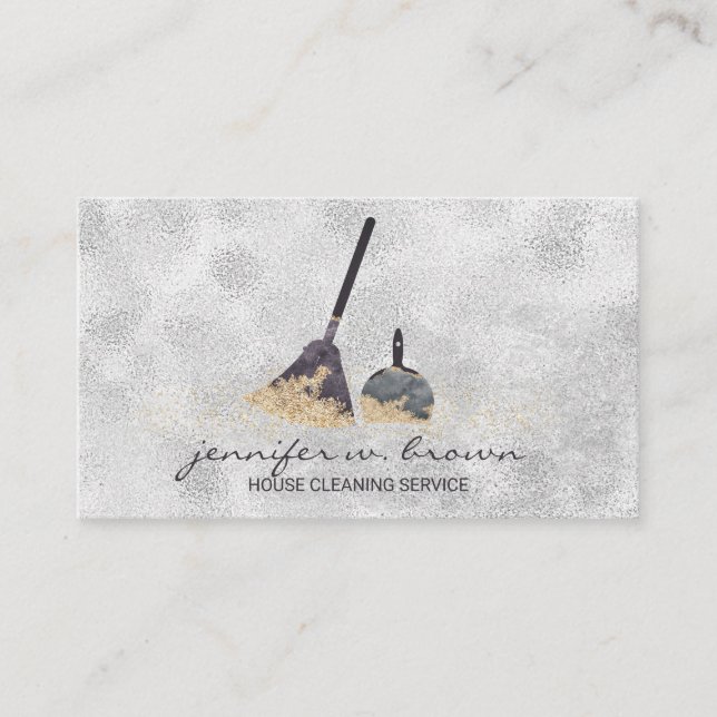 Janitorial Cleaning Gold Sparkle Maid Lady Silver Business Card (Front)