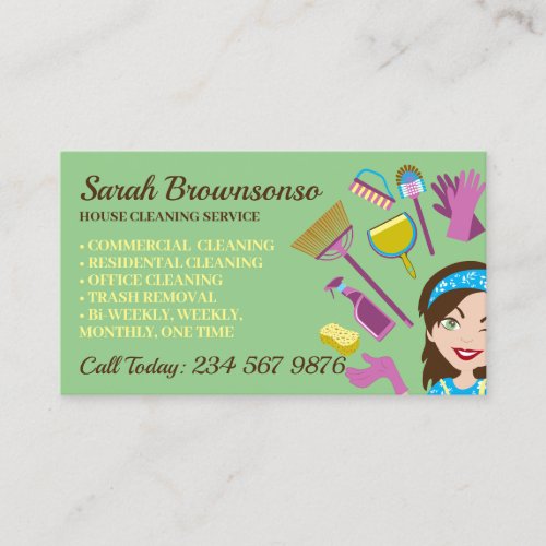 Janitorial Green Eye Lady Cartoon House Cleaning Business Card
