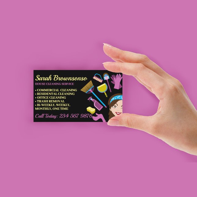 Janitorial Lady Cartoon Girl Black House Cleaning Business Card (Janitorial Lady Cartoon Girl Black House Cleaning Business Card)