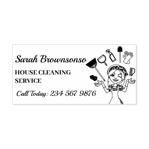 Janitorial Lady Cartoon House Cleaning Outline Self_inking Stamp