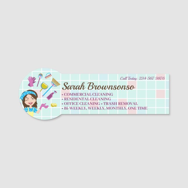 Janitorial | Maid | Cartoon Cleaning Staff Name Tag (Front)