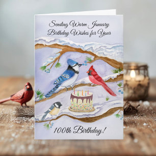 January 100th Birthday Backyard Birds Watercolor Card
