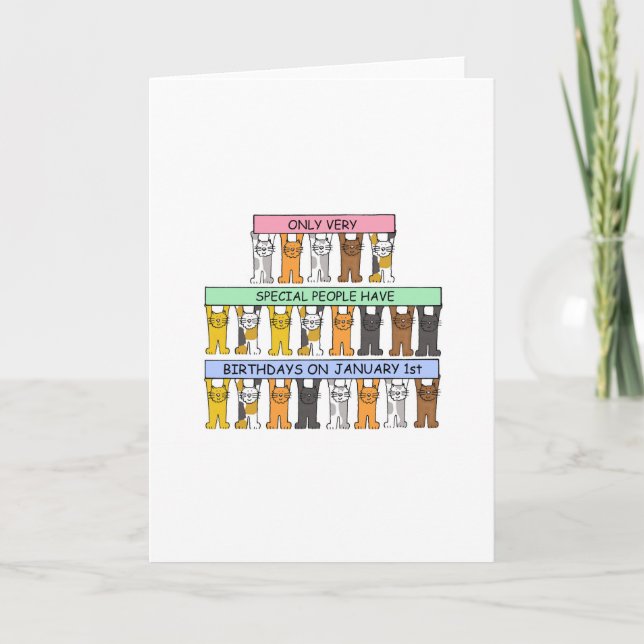 January 1st Birthday Cute Cartoon Cats Card (Front)