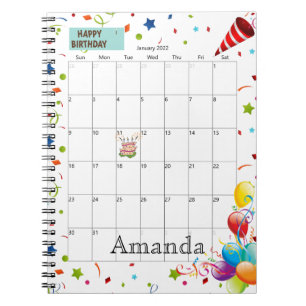 January 2022 Calendar Happy Birthday Notebook