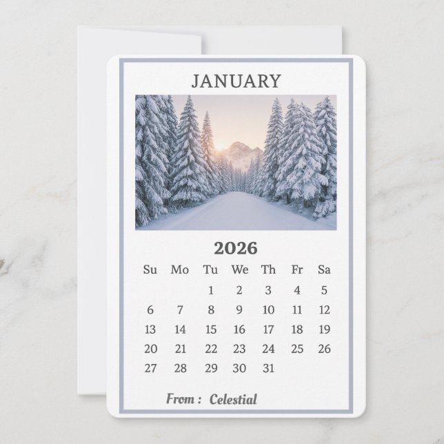 January 2026 Snowy Mountain Calendar Page  Invitation (Front)