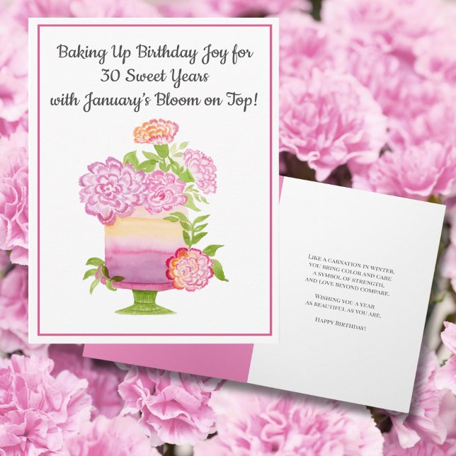 January 30th Birthday Cake Purple Carnations Card (Creator Uploaded)