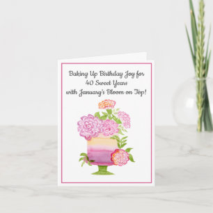January 40th Birthday Cake Purple Carnations Card