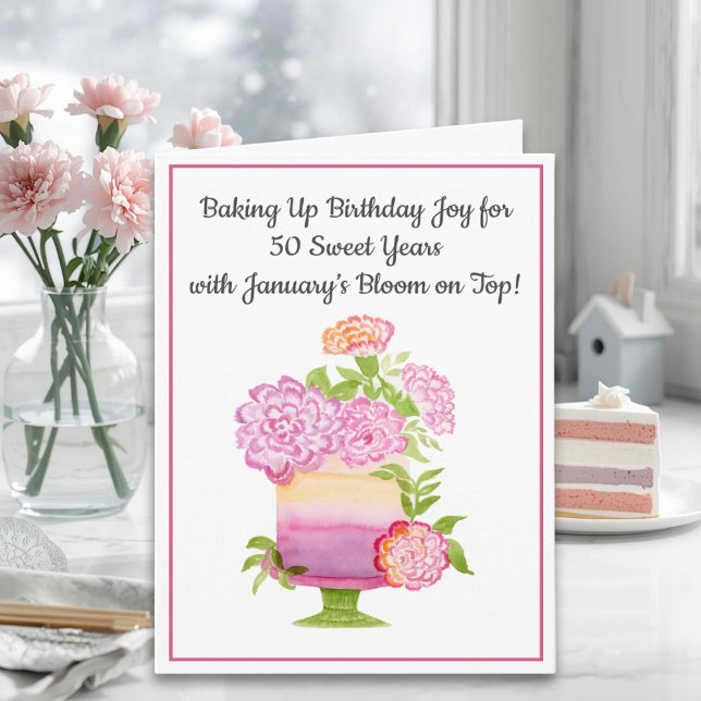 January 50th Birthday Cake Purple Carnations Card (Creator Uploaded)