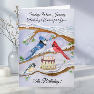 January 55th Birthday Backyard Birds Watercolor Card