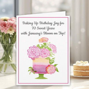 January 70th Birthday Cake Purple Carnations Card