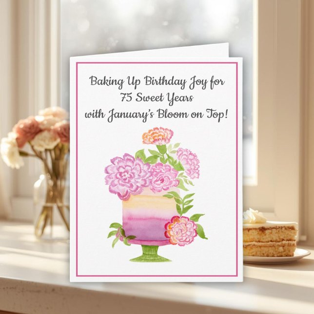 January 75th Birthday Cake Purple Carnations Card (Creator Uploaded)