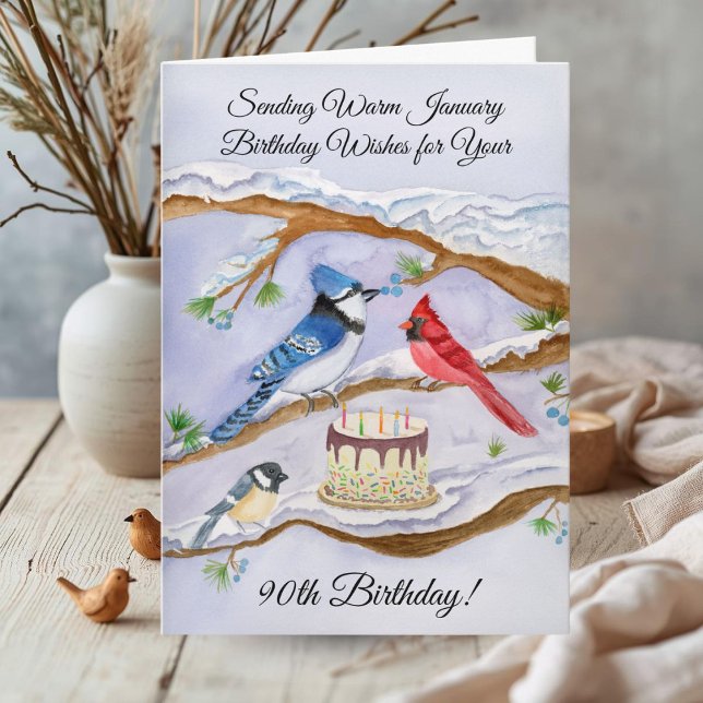 January 90th Birthday Backyard Birds Watercolor Card (Creator Uploaded)