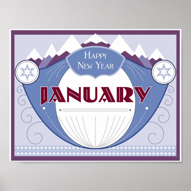 January Art Deco Winter Scene with Snowy Mountains Poster (Front)