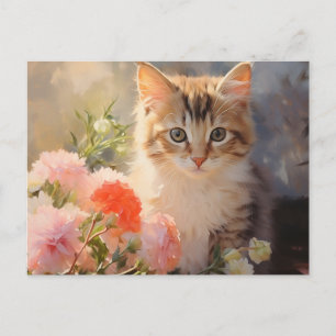 January Birth Carnation Flowers and Kitten Postcard