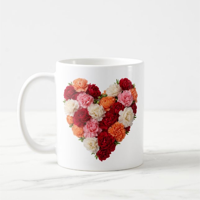 January Birth Flower Carnation Heart Coffee Mug (Left)