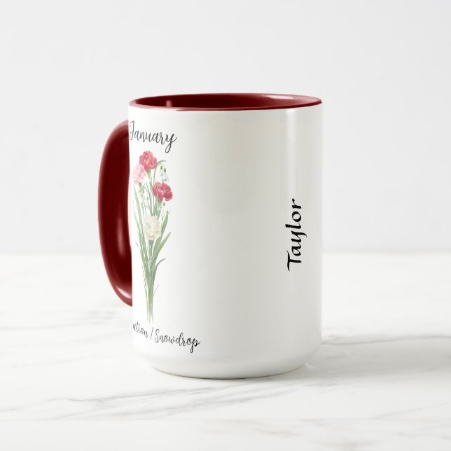 January Birth Flower Carnation & Snowdrop Mug (Front Left)