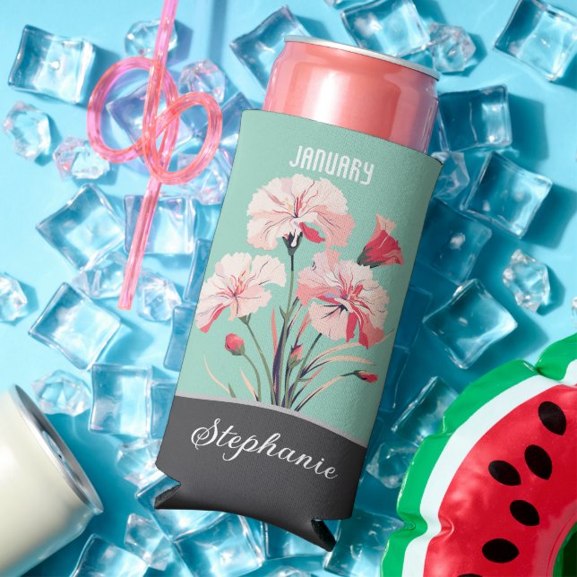 January Birth Flower Custom Name Seltzer Can Cooler (In Situ Summer)