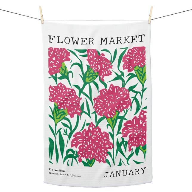 January Birth Flower Market Green & Pink Carnation Kitchen Towel (Personalized January Birth Flower Market Kitchen Towel, Custom Carnation Floral Print Kitchen Towel)