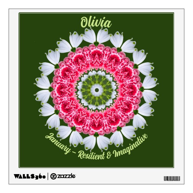 January Birth Flower Name Custom Removable Mandala Wall Decal (Front)