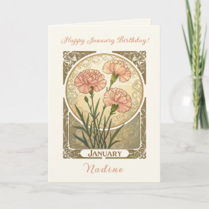 January Birth Flower Pink Carnations Art Nouveau S Card