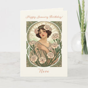 January Birth Flower Pink Dianthus Art Nouveau Sty Card