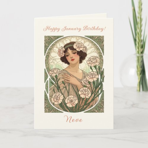 January Birth Flower Pink Dianthus Art Nouveau Sty