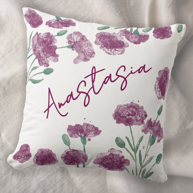 January Birth Month Carnation Personalized Throw Pillow (January birth month flower personalized custom script name watercolor carnation botanical art pillow)