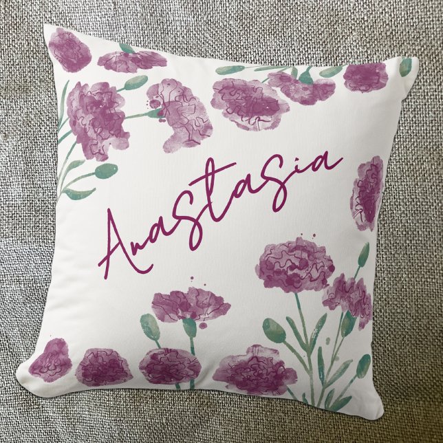 January Birth Month Carnation Personalized Throw Pillow (January birth month flower personalized custom script name watercolor carnation botanical art pillow)