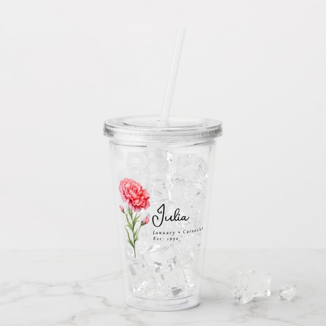 January Birth Month Flower Carnation Personalized Acrylic Tumbler (Back Ice)