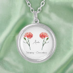 January Birth Month Flower Carnation Silver Plated Necklace<br><div class="desc">The birth month flower January Carnation necklace features a beautiful illustration of a carnation flower. Below the flower, there's a customizable name written in elegant script font. Underneath the name, it says "January - Carnation", indicating that her birth flower is the carnation. It's a lovely personalized necklace, a thoughtful gift...</div>