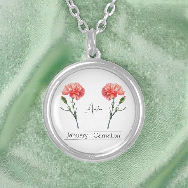 January Birth Month Flower Carnation Silver Plated Necklace (Creator Uploaded)