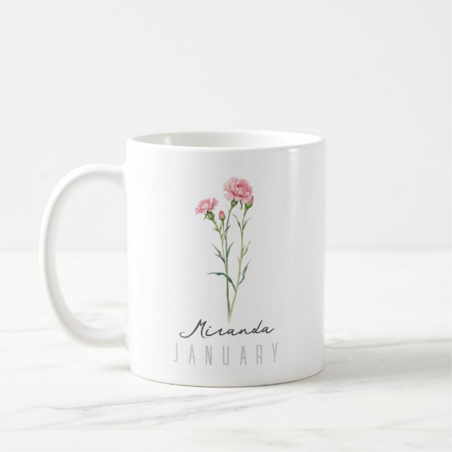 January Birth Month Flower w/Name – Carnation Coffee Mug (Left)