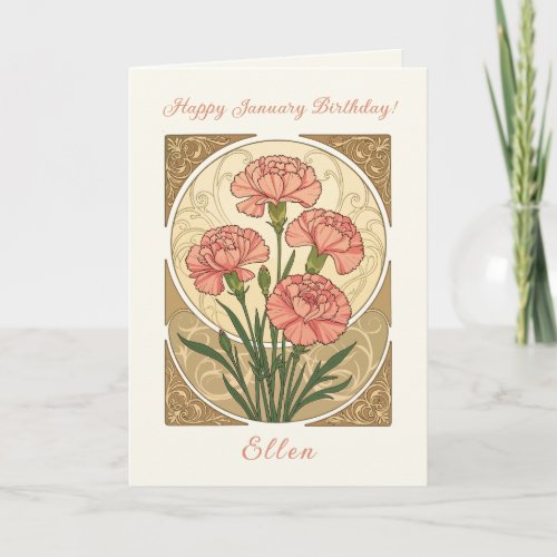 January Birthday Pink Carnation Flowers Art Nouvea