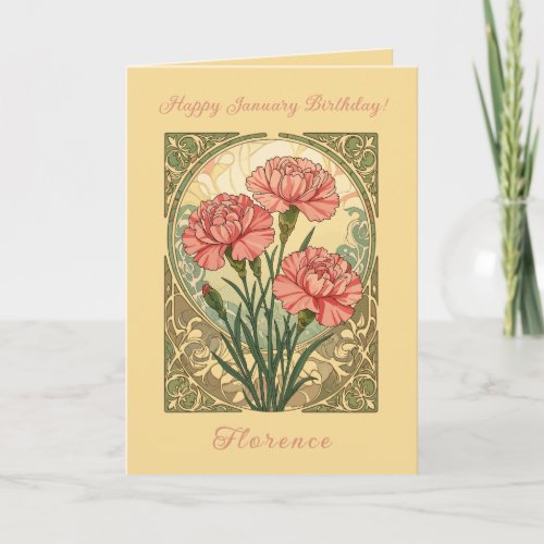 January Birthday Pink Carnations Art Nouveau Style