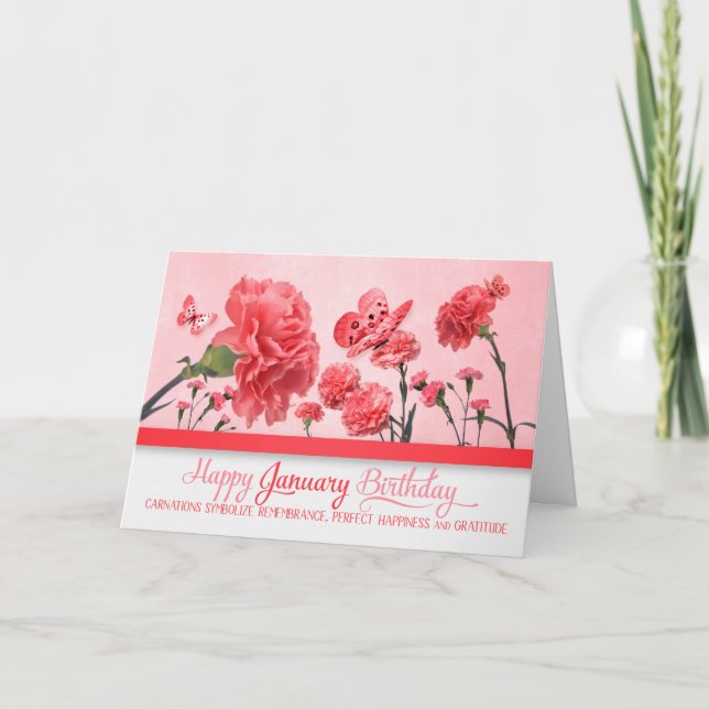 January Birthday Pink Carnations with Butterflies Card (Front)