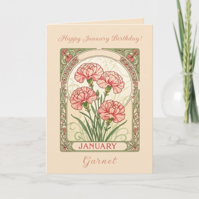 January Birthday Pink Dianthus Art Nouveau Style Card (Front)